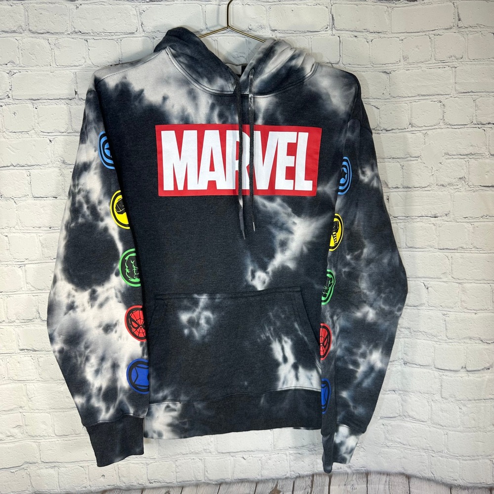 Marvel Tie Dye Hoodie Womens Medium Black White Avengers Logo Sweatshirt